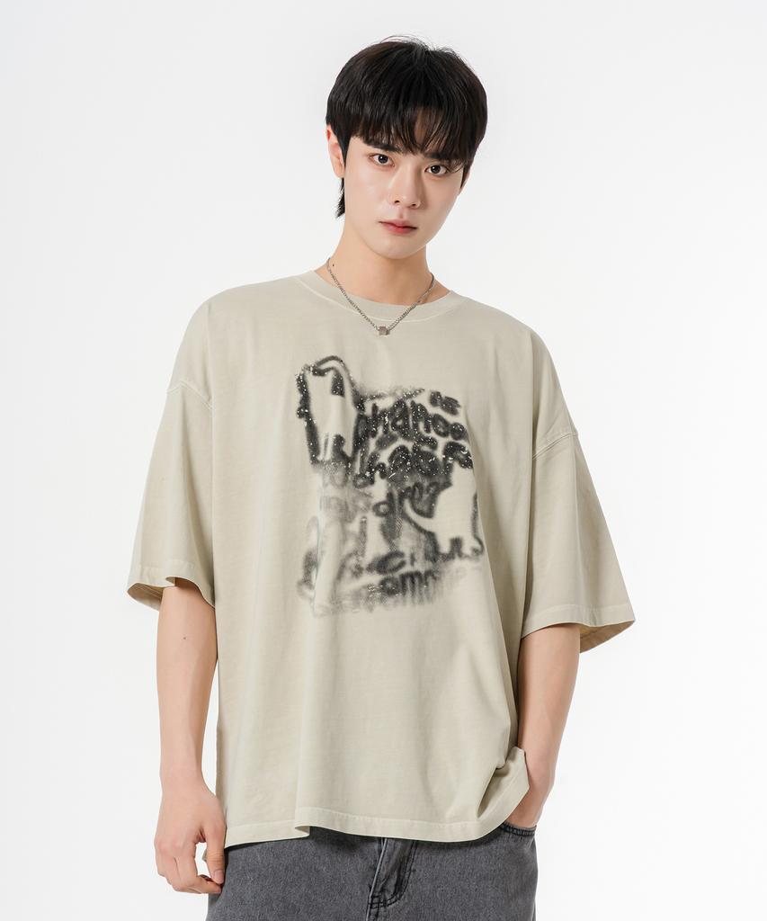 MOZMOZ Lettering Cat Oversized Pigment Short Sleeve T-Shirt Beige