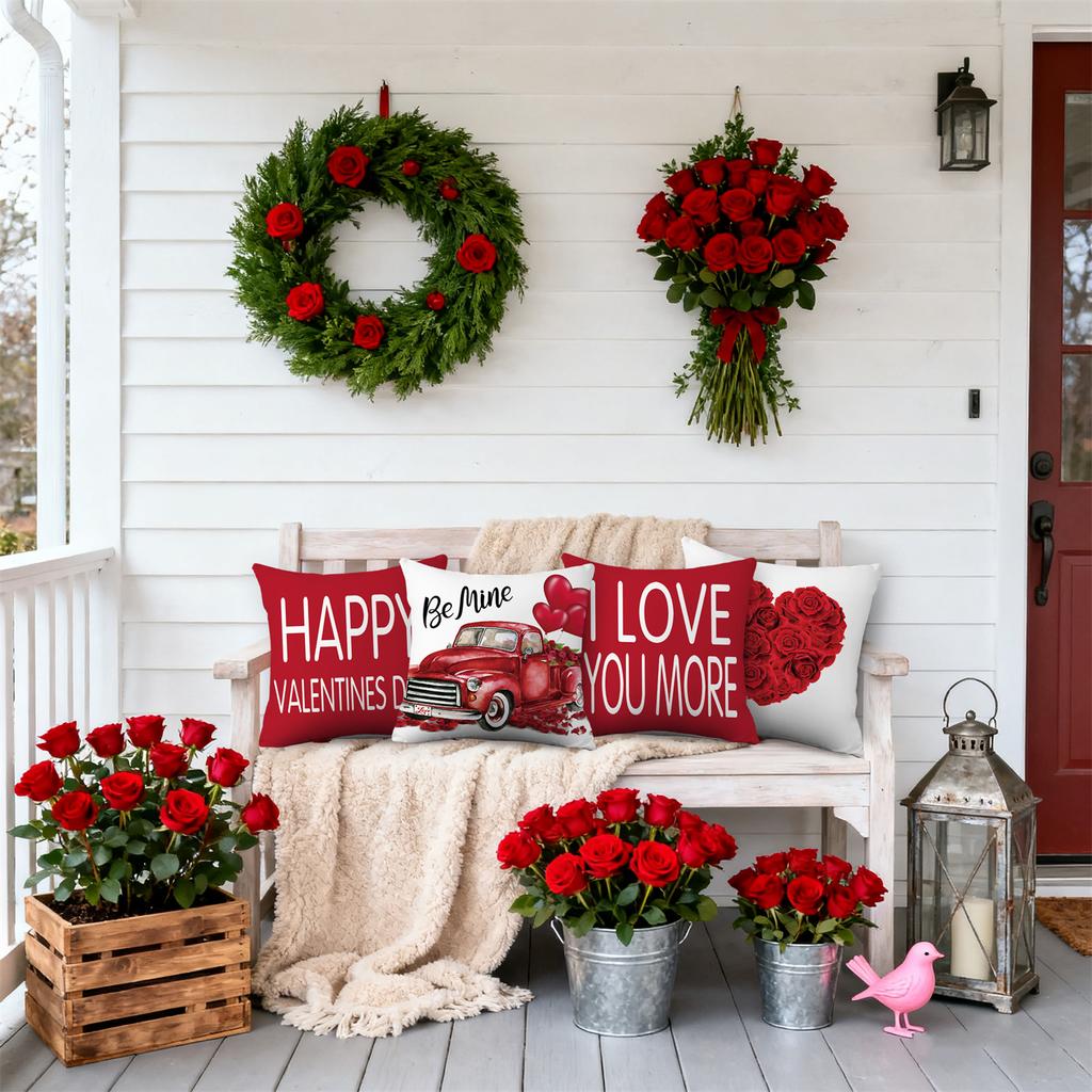 4pcs Valentine's Day Throw Pillow Covers I Love You More Rose Truck Love Balloon Designs, Zip Closure, Anniversary, Wedding, Party Cushion Case