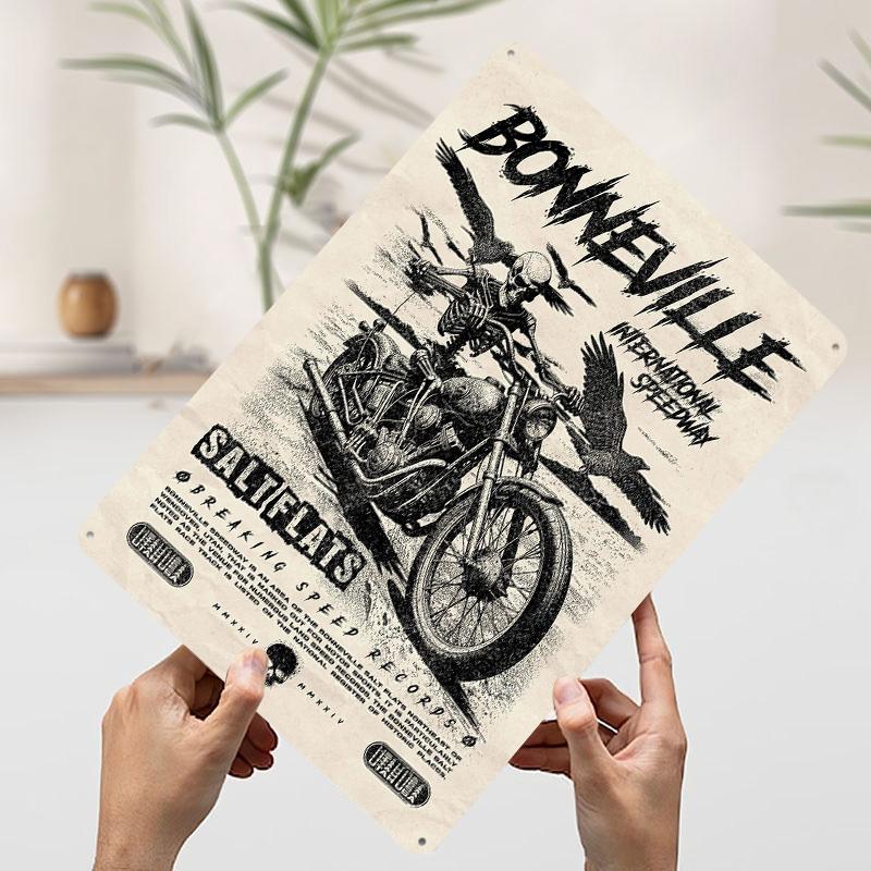 

Bonneville Salt Flats Speedway Skull Rider Poster Customized Wall Art Vintage Metal Signs Retro Tin Plaque for Man Cave Decor 20x30cm（7.8x11.8inch）