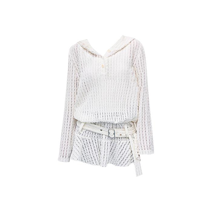 Large size fat MM French hollow knitted sweater women's early autumn new design loose hooded sweater dress
