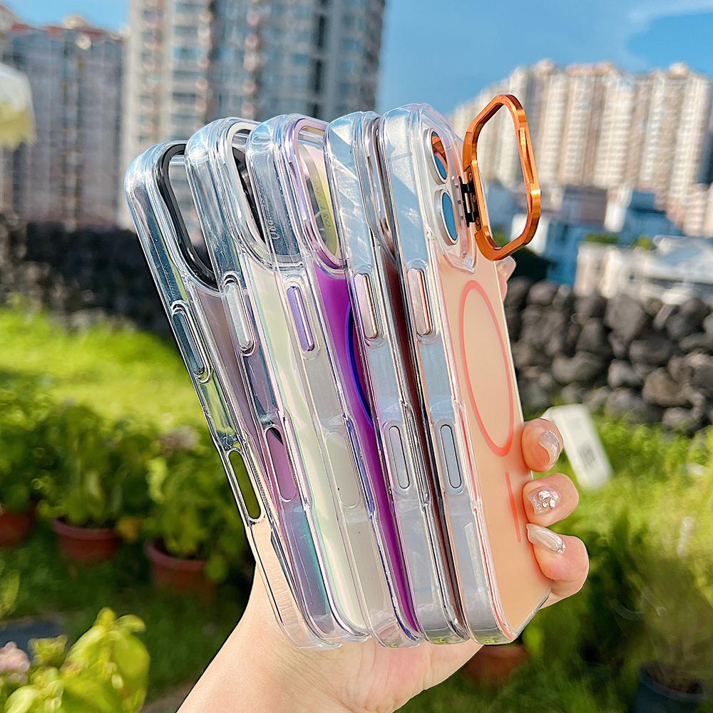 KEYSION Colorful Gradient Magnetic Lens Stand Case for iPhone 11 12 13 Pro Max for MagSafe TPU+PC Shockproof Back Cover