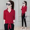 Women's Polo-Neck Blouse Summer New Basic Commuter Single-breasted Solid Color Shirt Fashion Female 3/4 Sleeve Lacing Tops