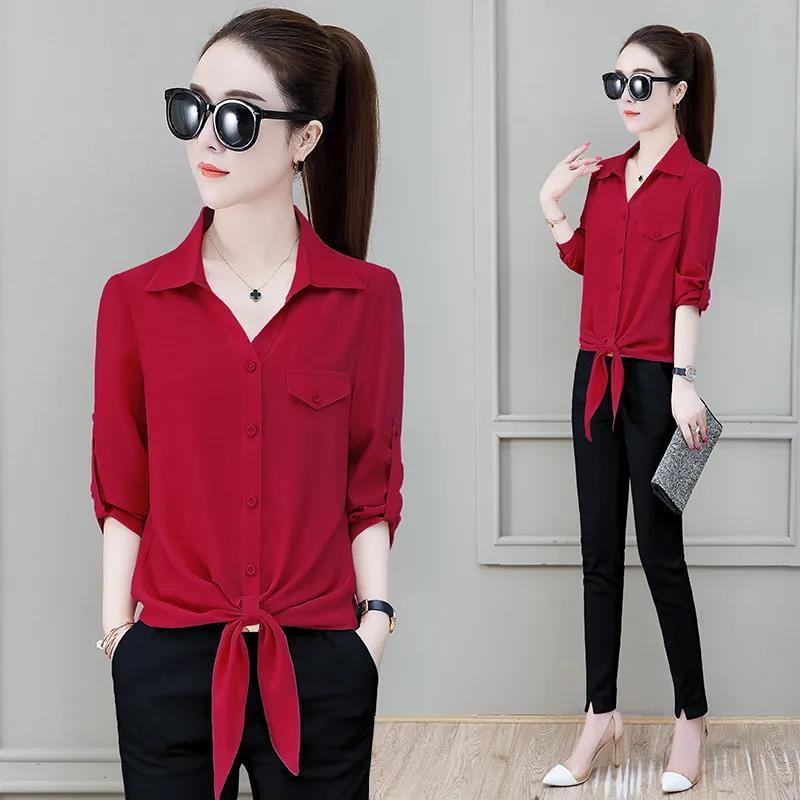 Women's Polo-Neck Blouse Summer New Basic Commuter Single-breasted Solid Color Shirt Fashion Female 3/4 Sleeve Lacing Tops