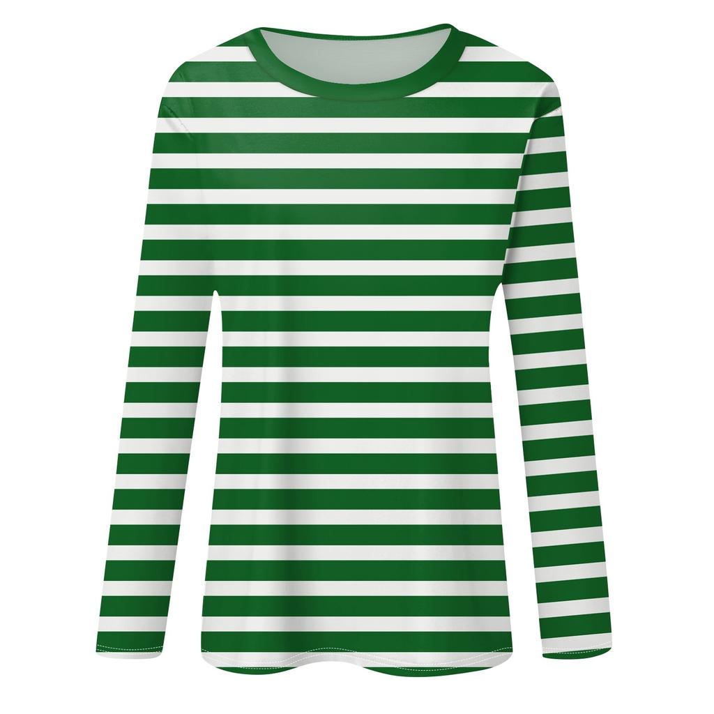 Women's Daily Casual Long-sleeved Striped Printed Crew-neck Top