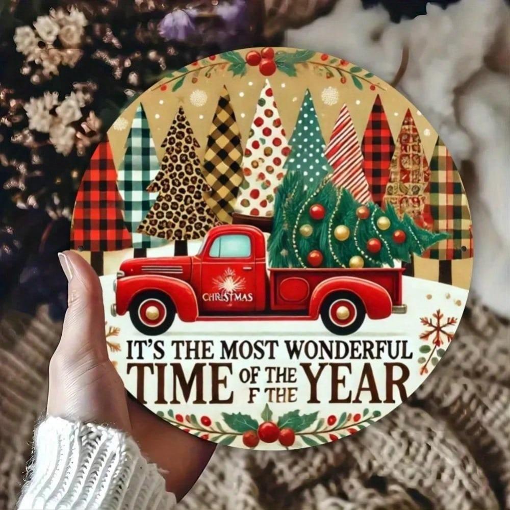 Vintage Red Truck Metal Sign, Christmas Tree Circular Iron Decor for Bar Cafe