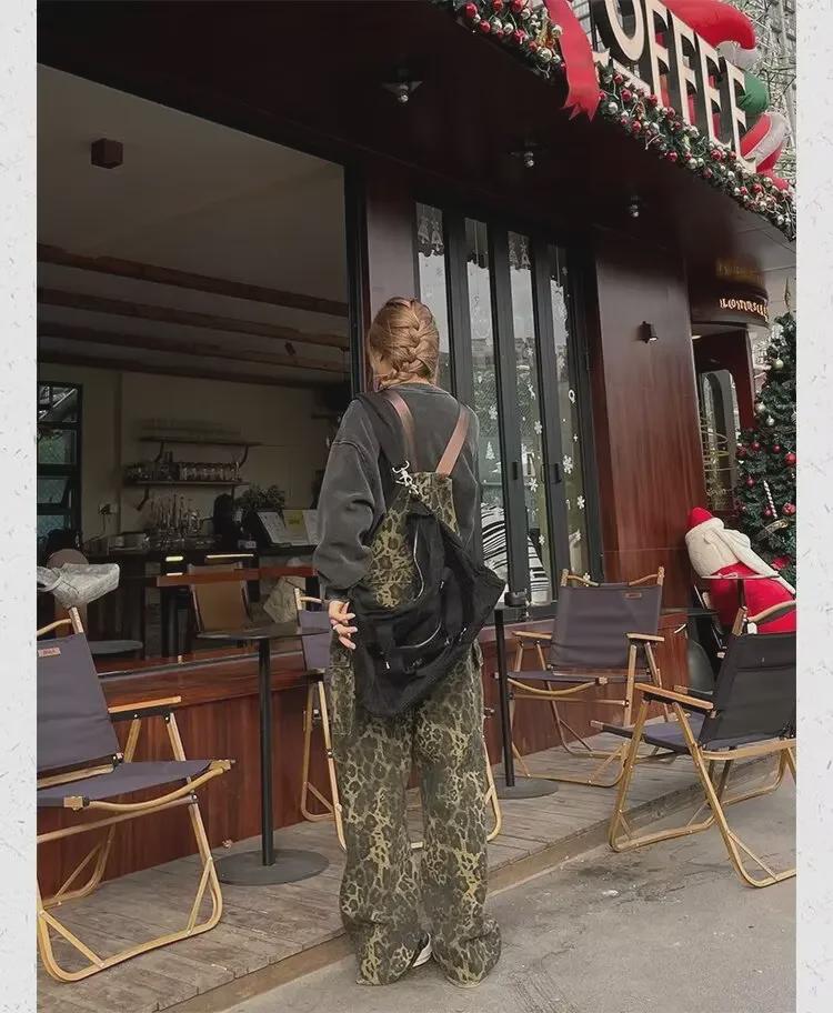 Unisex American Retro Loose Straight Leopard Print Overalls – New Street Style Washed Wide-Leg Multi-Pocket Pants Trend