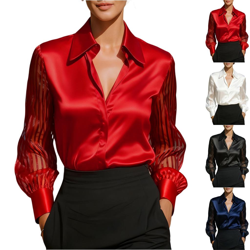 Damen Einfarbig Vielseitig Locker Satin Langarm Bluse Top