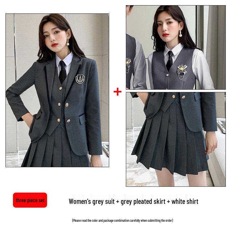 Unisex British College-Style Suit Jacket & Pleated Skirt Set: Stylish, Professional JK Uniform.
