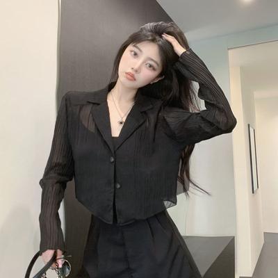 Black Transparent Shirts Women Mesh Blouses Korean Fashion Summer Streetwear Long Sleeve Pleated Cardigan Chic