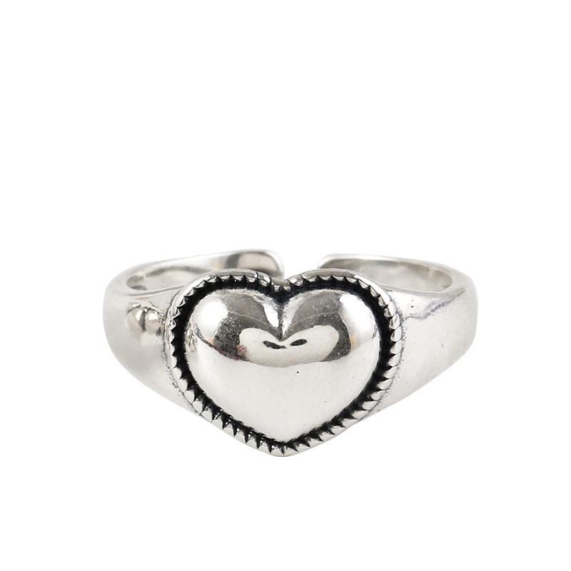 Korean Retro Geometric Heart Ring: 925 Silver Open Index Finger Ring, Cool Style for Women and Students Adjustable