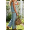 Color Block 2 Piece Outfit, Women Round Neck Sleeveless Tank Top & Wide Leg Pants Set