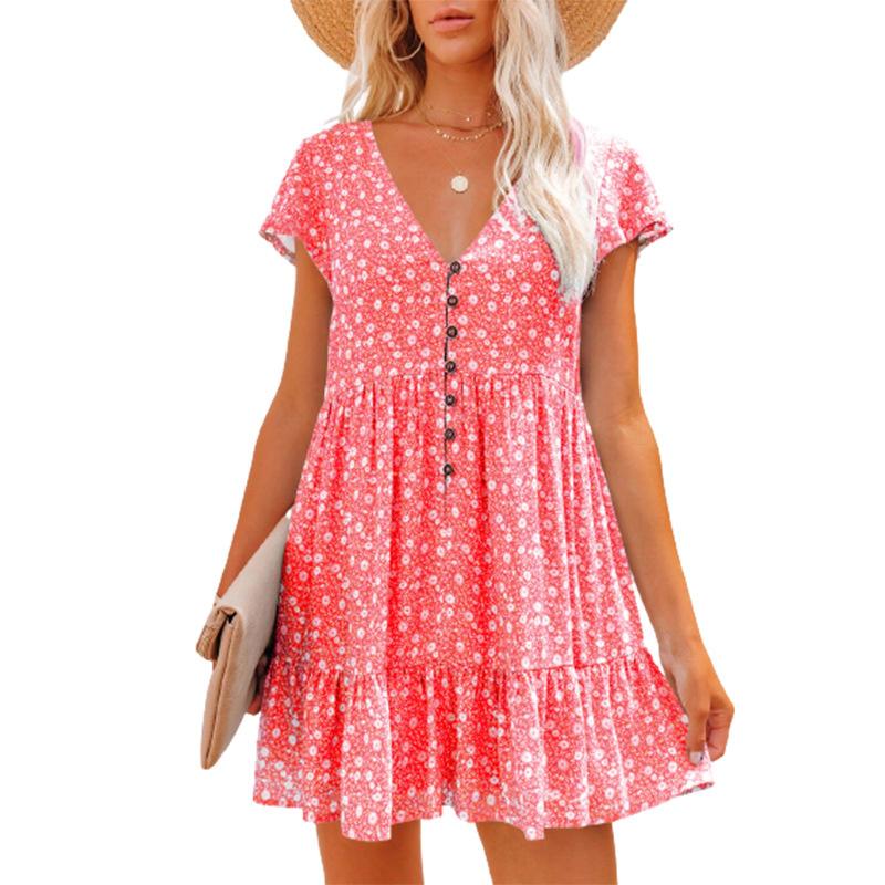 2026 Spring/Summer V-neck Buttoned Floral Short-sleeve Loose Casual Dress for Women