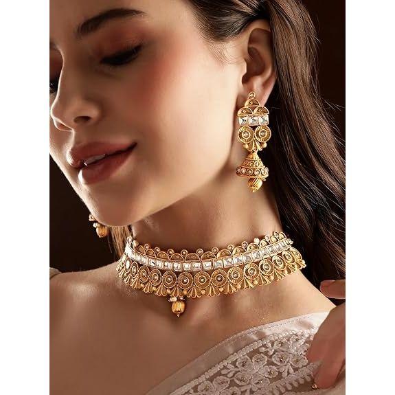 Gold-Plated Handcrafted Artificial Kundan Jewelry Choker Set with White Stone Matching Earrings For Women and Girls