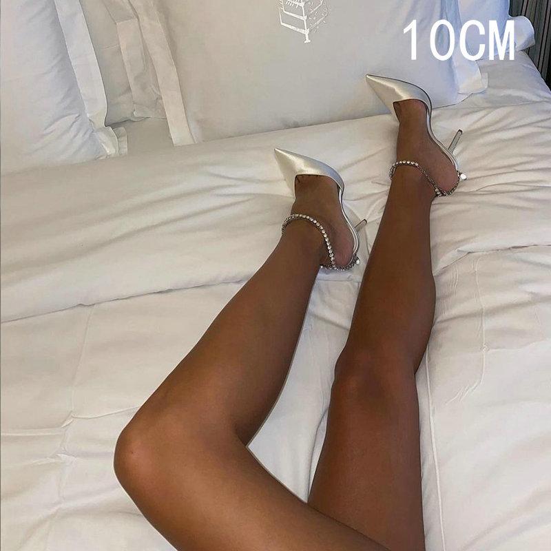 Fashion Crystal Pendant Word With Diamond Chain High Heels Europe And The United States New Pointy Thin Heel Sexy Overhead Sandals Pumps