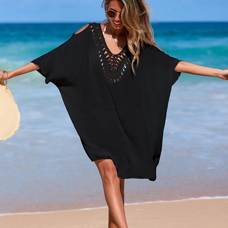

A New Summer Seaside Vacation Casual Loose Hand-hooked V-neck Mid-length Backless Strappy Smock for Women one size чёрный