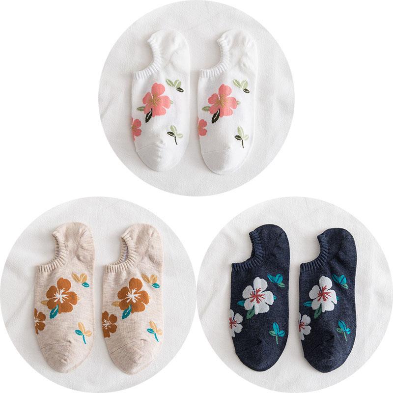 3 Pairs Cotton Socks For Women High Quality Invisible Casual Socks Shallow Mouth Ankle Socks Spring Flower Fashion Female Socks