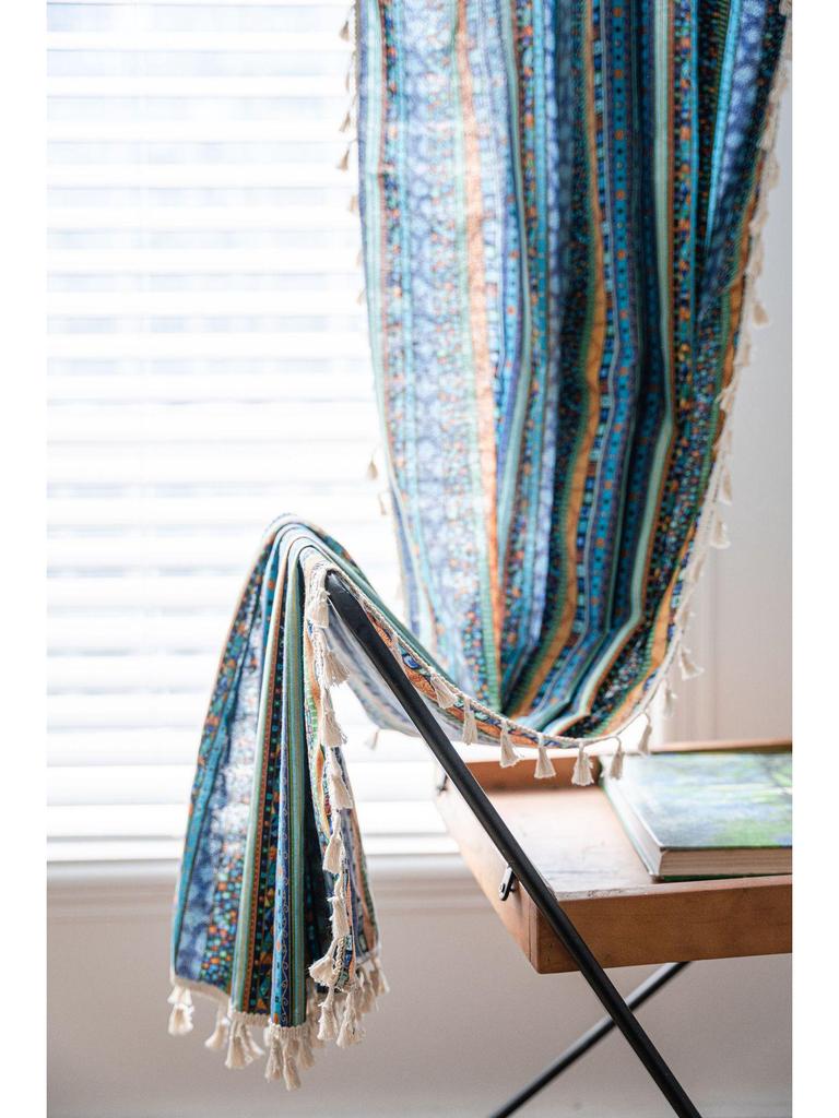 Yiman Qiyun Bohemian Striped Yellow Cotton-Linen Kitchen Curtain, Semi-Light-Blocking