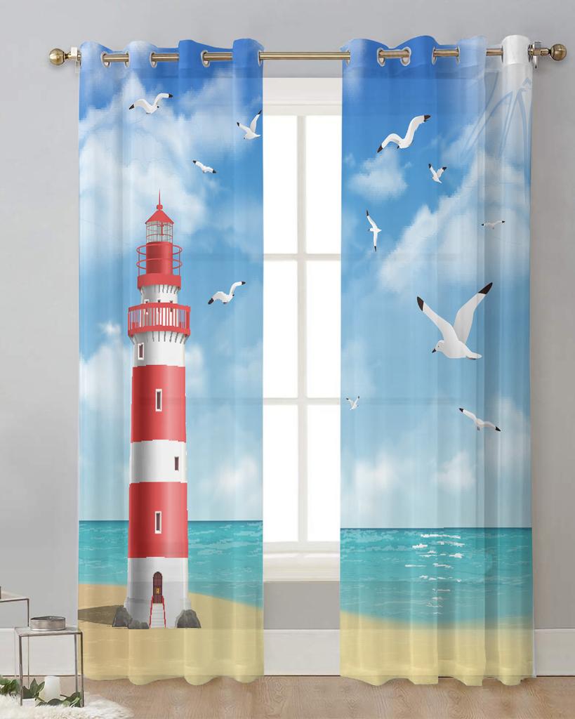 Lighthouse Beach Seagull Sheer Curtains for Living Room Decoration Window Curtains for Kitchen Tulle Voile Organza Curtains