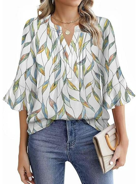 2025 Bluzka Szyfonowa z Dekoltem V w Kształcie Liścia Lotosu - Jednolity Kolor, Rękaw Siedmiopunktowy, Swobodny Luźny Krój