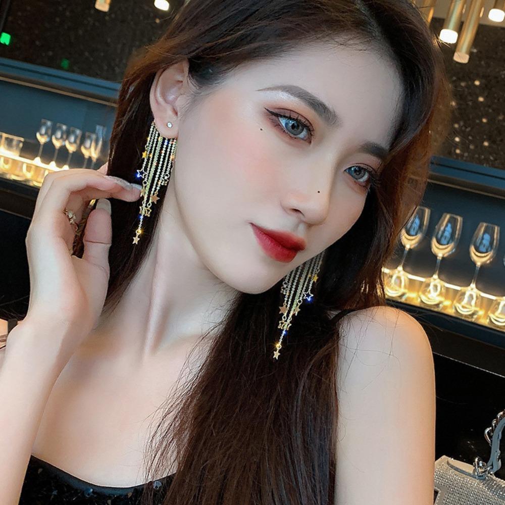 New Temperament Charm Gold Color Hollowed Out Stars Sequins Tassel Chain Zircon Dangle Earrings for Women Korea Designer Jewelry