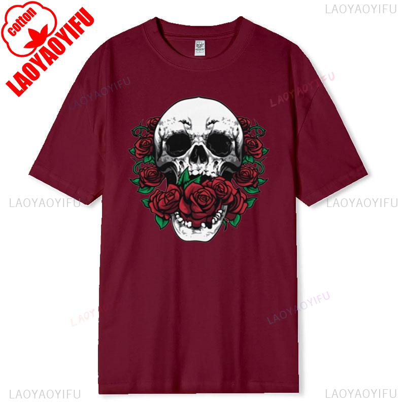 Skull and Red Roses Skeleton Gothic Hipster Novelty ShortSleeve Unisex TShirt Skeleton and Flower Pattern Cotton Casual Shirt