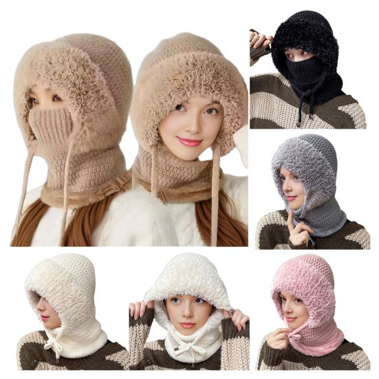 Gestrickte Kopfbedeckung Einfarbig 3-in-1 Damen Strickmütze Schal Gesichtsschutz Winddicht Skifahren Wandern Fleecegefüttert Winter Stirnband