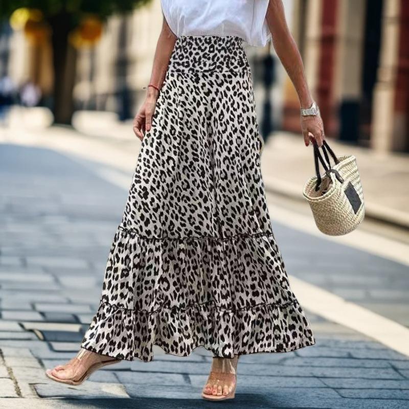 Fashoin Leopard Print A Line Casual Długa Spódnica Kobiety Plus Size Wysoka Talia Elegancka Luźna Spódnica Damska Vintage Falbany Prosta Spódnica Damska 24512