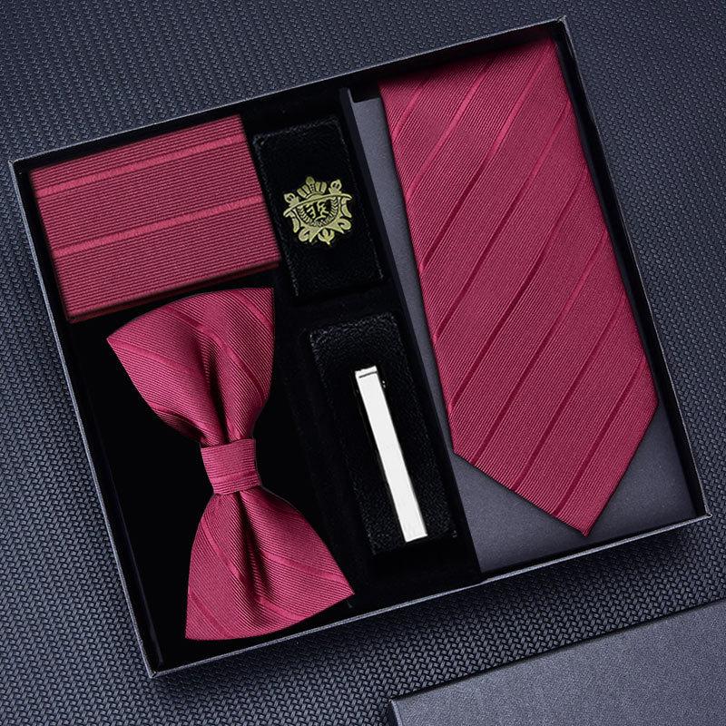 Tie Five-Piece Men'S Business Dress 8Cm Tie, Zipper Hand With The Same Bow Tie, Suit Square Scarf Cufflinks