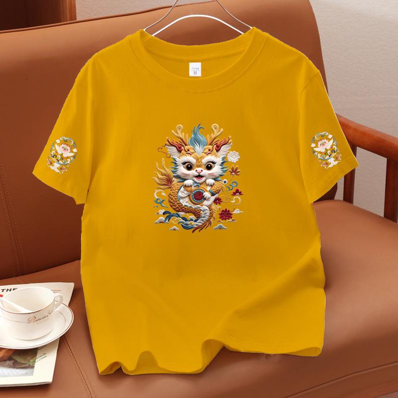 New Chinese Style Unisex Cotton Short Sleeve T-shirt with Auspicious Print