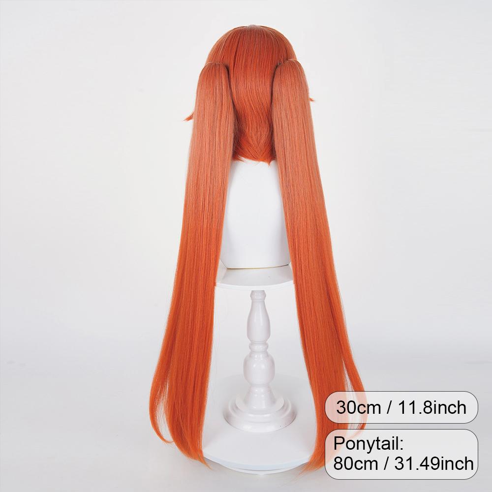 Orange Long Straight Double Ponytail Clip Synthetic Wigs with Bangs Fluffy Anime Game Cosplay Wig for Daily Party