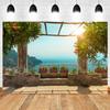 Summer Seaside Tropical Beach Balcony View Backdrop Palm Trees Mountain Wedding Party Portrait Photography Background Photo Prop