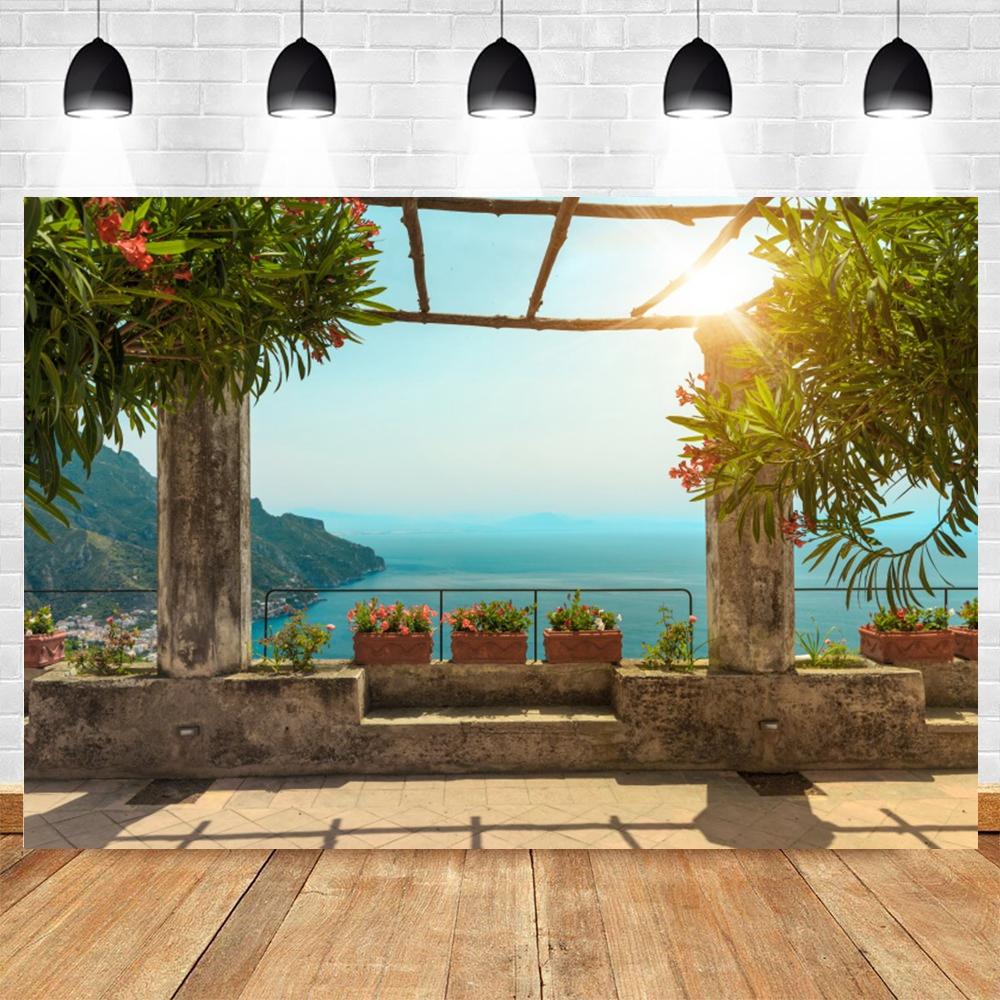 Summer Seaside Tropical Beach Balcony View Backdrop Palm Trees Mountain Wedding Party Portrait Photography Background Photo Prop