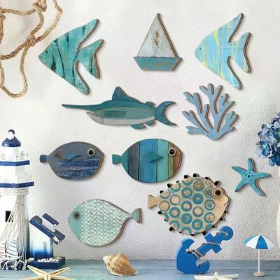 10pcs/set Wooden Fish Hanging Beach Theme Bathroom Fish Wall Decor Art Nautical Coastal Ocean Home Decoration