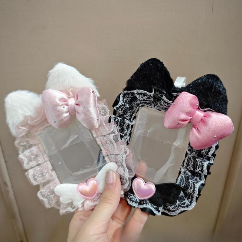 Cute Cat Ears Photocard Frame with Pearl Chain Handmade Lace Kpop Idol Card Holder 3 Inch Card Sleeves for Girls Bag Pendant New