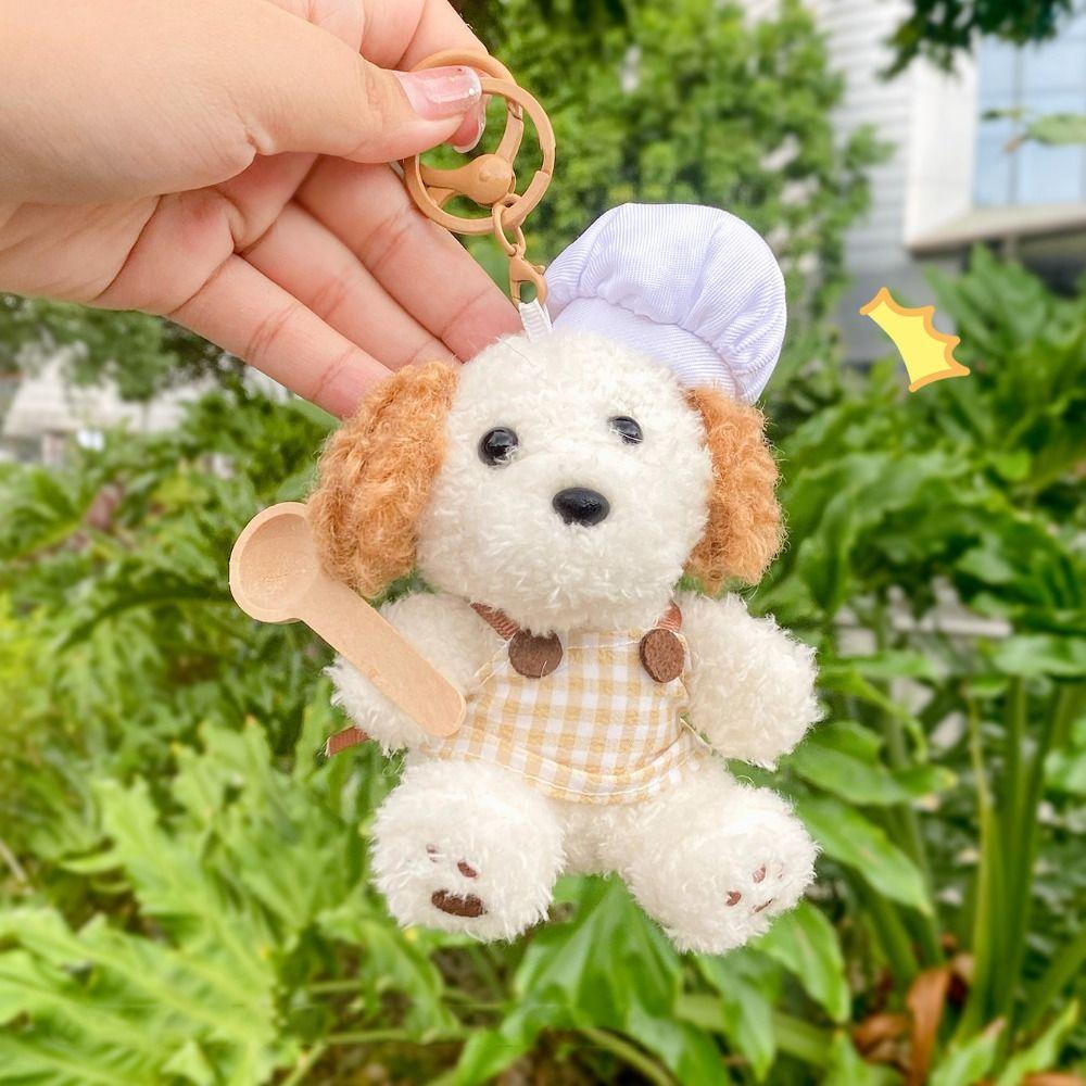 Fluffy Chef Style Dog Plush Keyrings Soft Stuffed Animals Backpack Keyrings Hanging Accessory