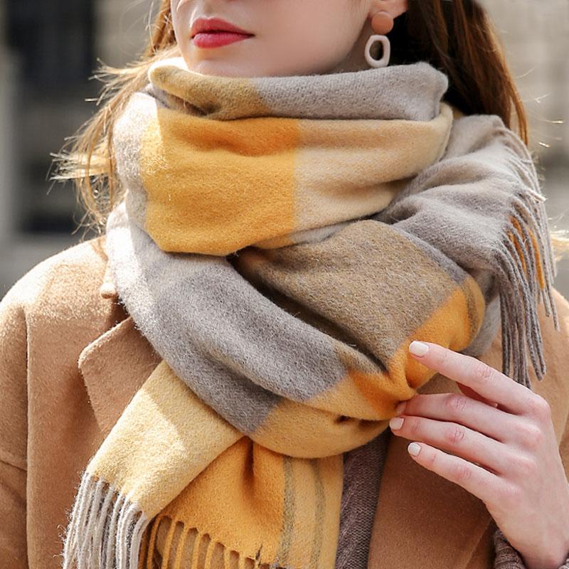 Winter 100% Lamb Wool Scarf Women Luxury Thicken Warm Shawls Wraps Checkered Pashmina Foulard Femme Plaid Cashmere Scarves