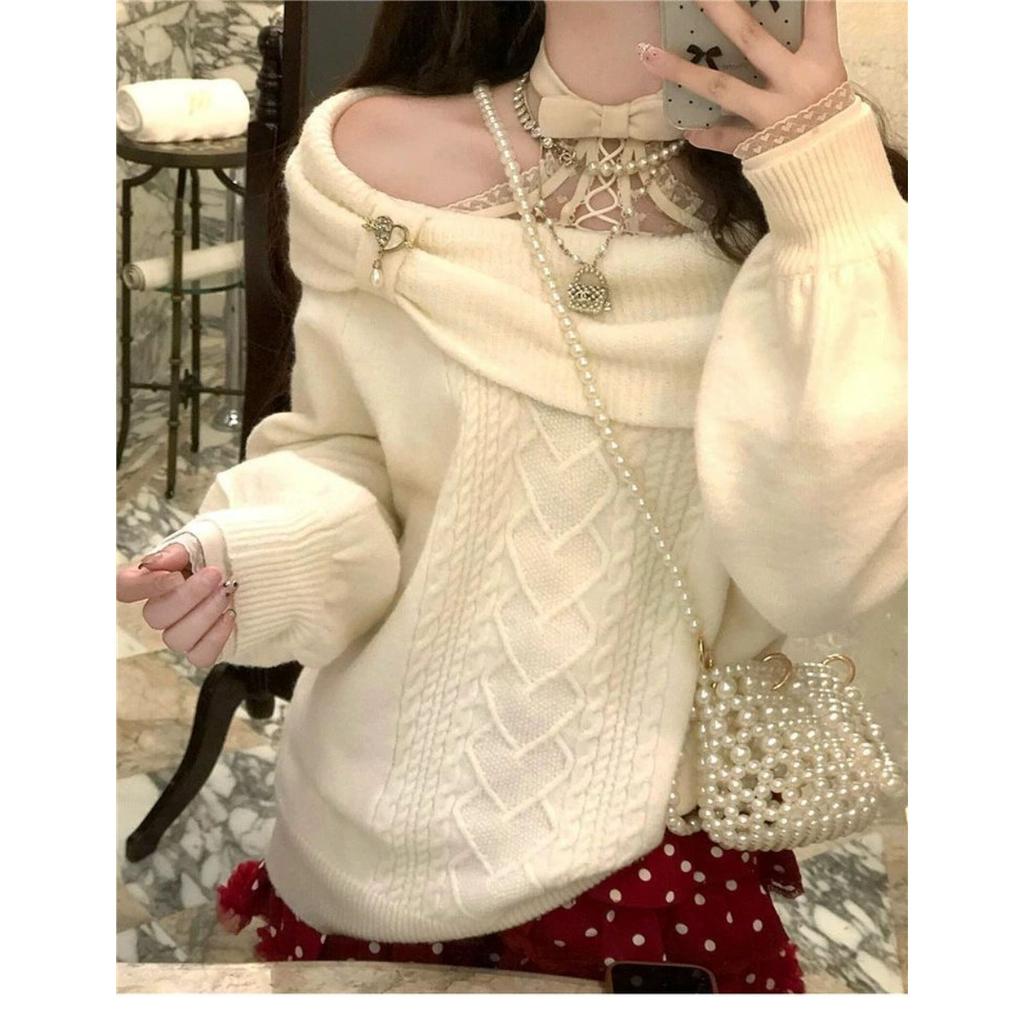 Women Sweet Hot Girl Bow Off-Shoulder Sweater Autumn Winter Elegant Sexy Fashion Knitted Tops Casual Y2k Knitwear Pullover New