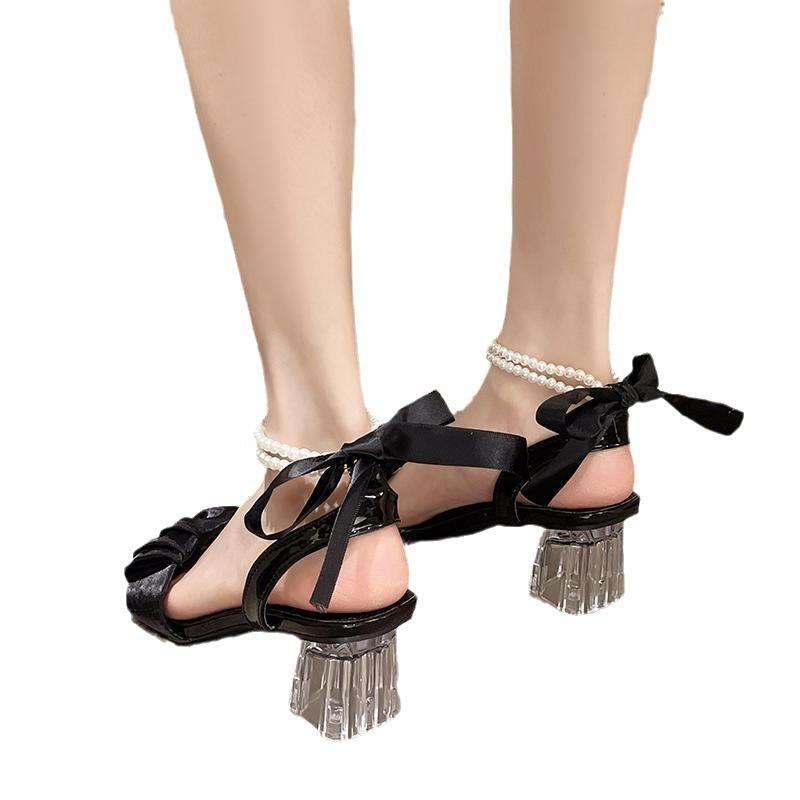 Mesh High Heels Women's Summer 2025 New Medium Thick Heel Crystal French Fairy Pearl Roman Sandals Ins