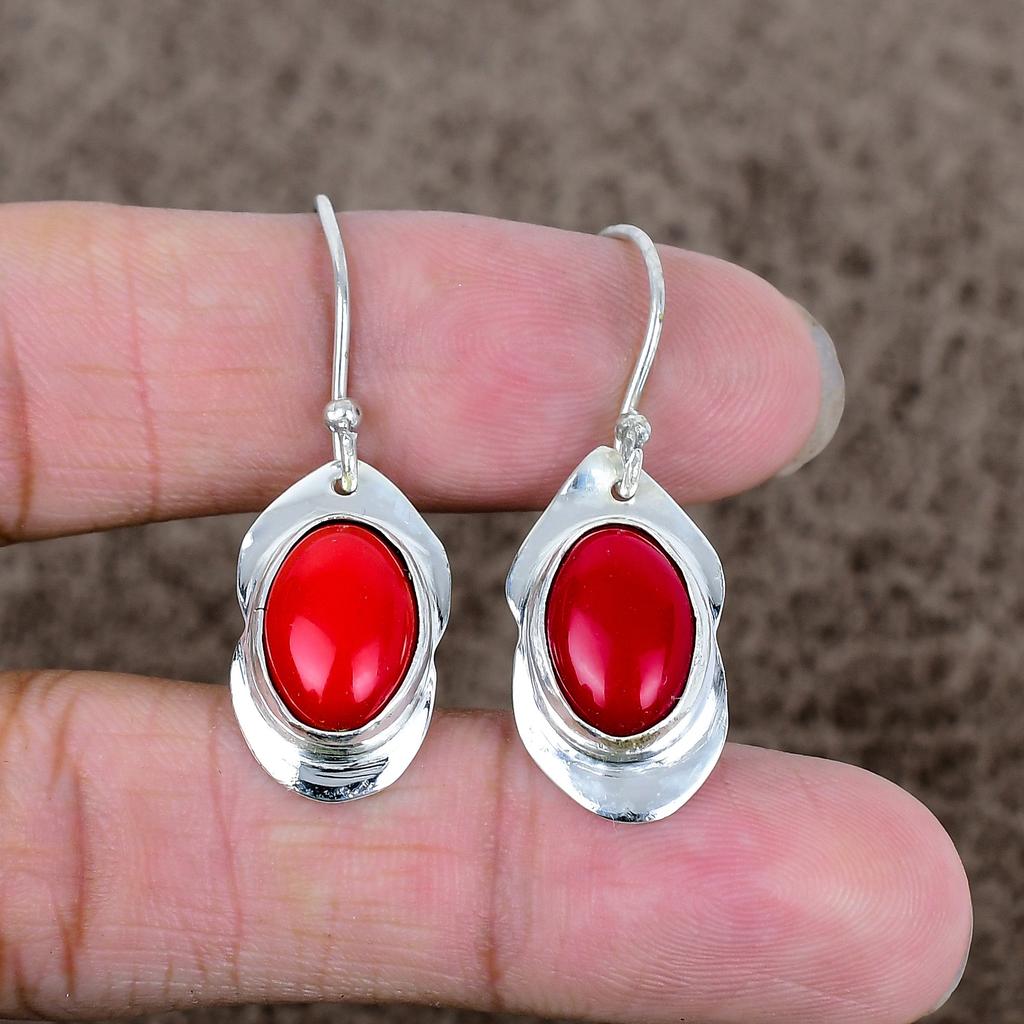 Italian Red Coral Gemstone 925 Sterling Silver Jewelry Earring 1.58" KKG-656