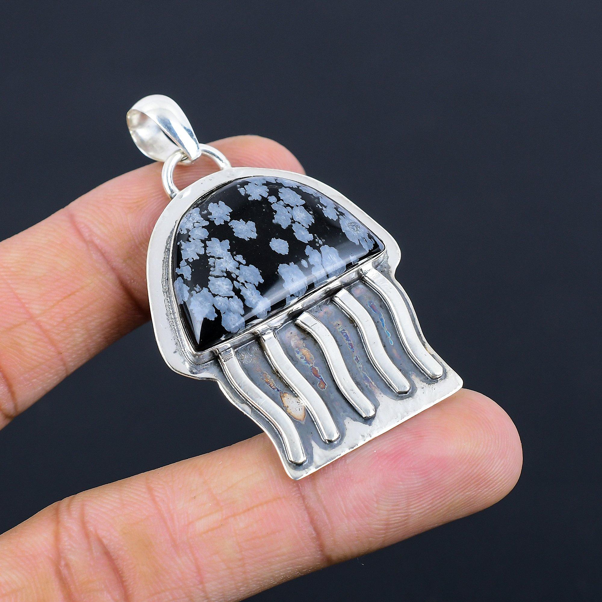 Natural Snowflake Obsidian Gemstone Pendant 925 Sterling Silver For Women