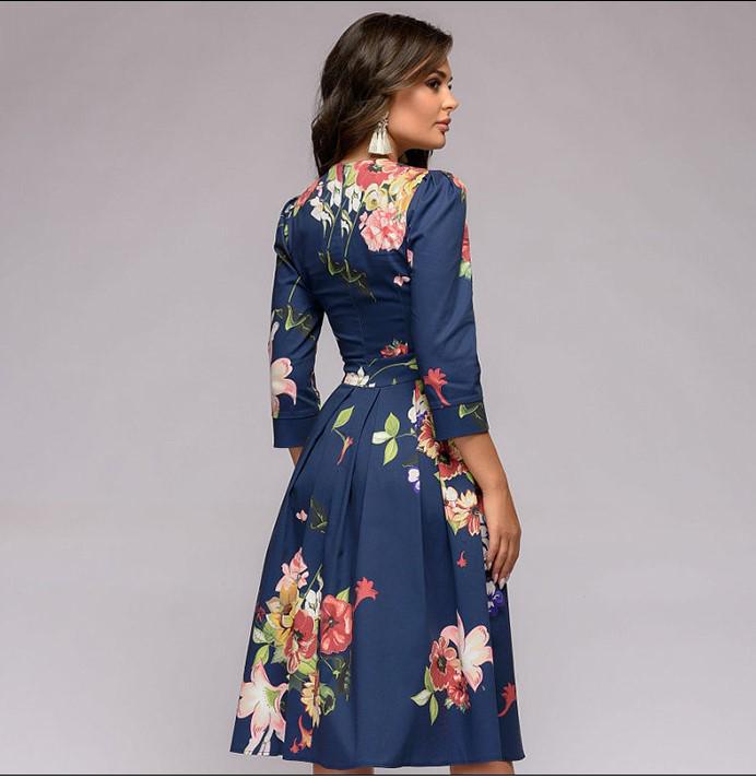 2022 A-line Retro Floral Dress for Women - Three-quarter Sleeve, Round Neck, Autumn/Winter Collection