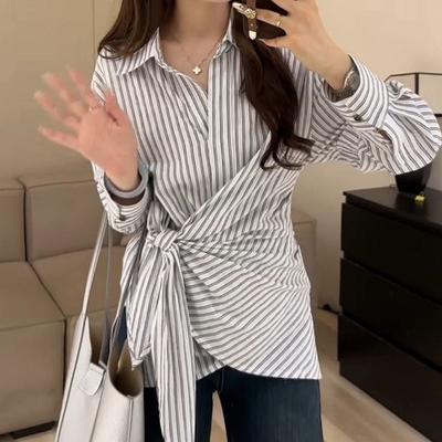 Blue Striped Women's Small-waisted Shirts Irregularly Tied Slit Female's Blouses Woman's Chic Turn-down Collar Shirt