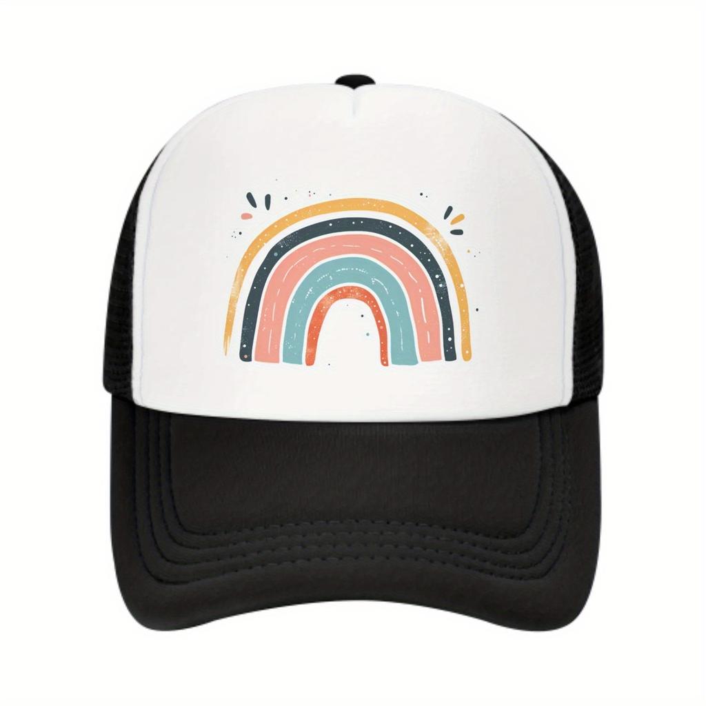 Rainbow Graphic Trucker Hat Pink Mesh Back Adjustable Baseball Cap Breathable Summer Outdoor Sports Cap