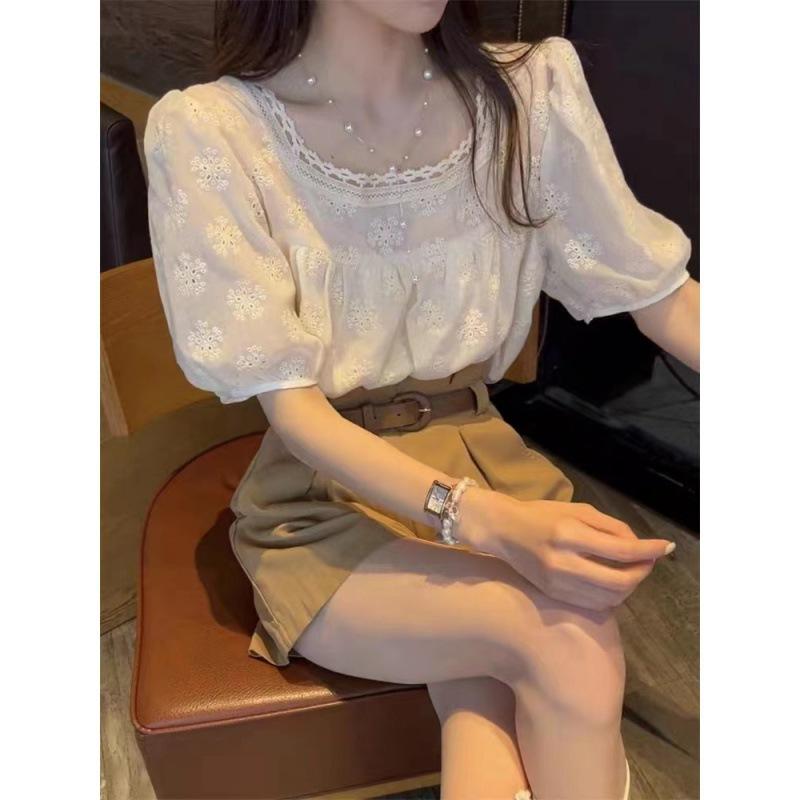 Women Summer Square Collar Elegant Short Sleeve Blouse Loose Hollow Out Commuter Tops