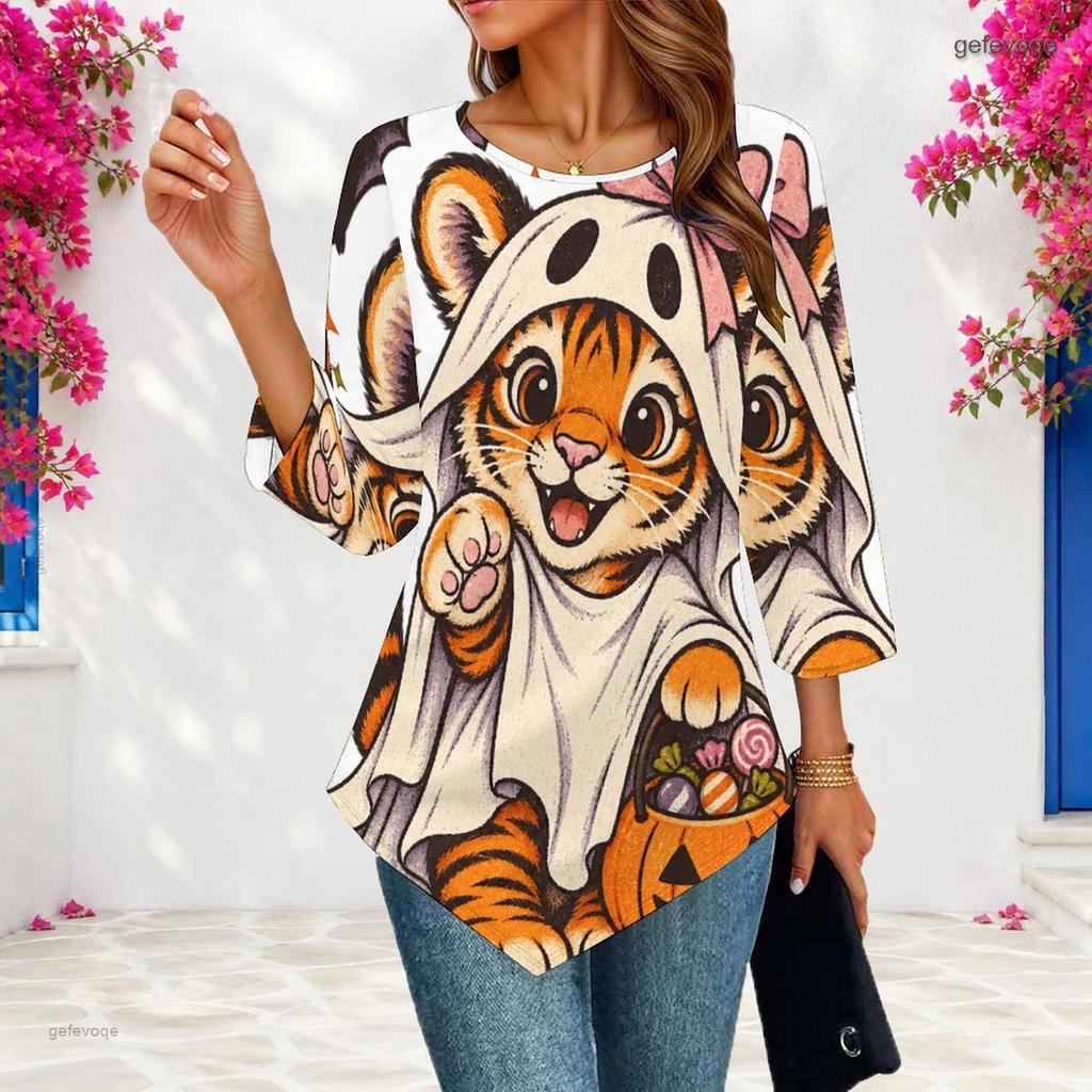 Ladies Plus Size Loose Three Quarter Sleeve Blouse Pointed Hem Breathable Casual Office Daily Top