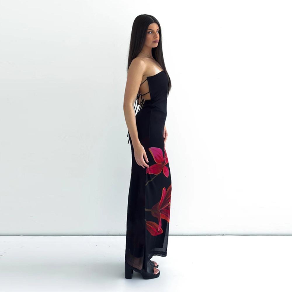 Damen trägerloses ärmelloses Maxikleid schmale Passform mittlere Leibhöhe sexy Blumenprint Meerjungfrauenkleid
