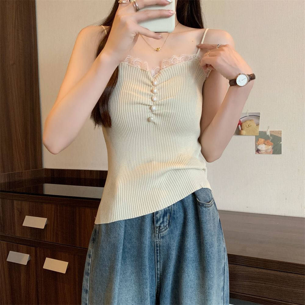 Lace Edge Sexy Camisole Vest Slim Fit Summer Knitwear Outer Wear Sleeveless Sweet and Spicy Base Layer Temperament Top