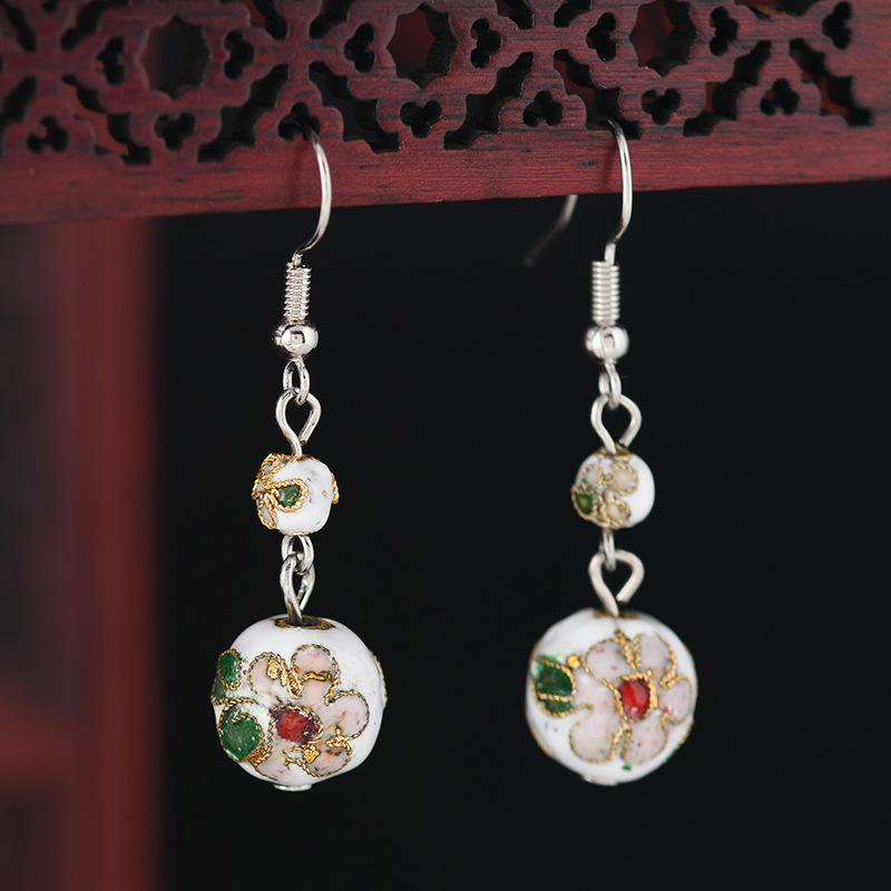 Chinese Cloisonne Retro Round Bead Earrings Handmade Silk Enamel Earrings Simple Antique Cheongsam Earrings Female 12mm