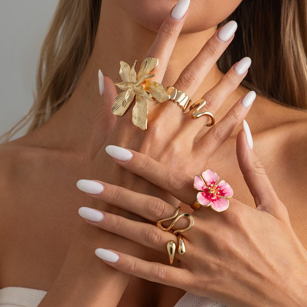2026 Trendy Enamel Pink Flower Rings Set Twisted Chunky Metal Baroque Pearl Rings for Women Girls Aesthetic Y2K Accessories