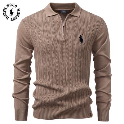 Polo Ralph Lauren Suéter Bordado Novo Outono e Inverno Unissex Manga Longa Tricô Meio Zíper Casual de Negócios Suéter Fino